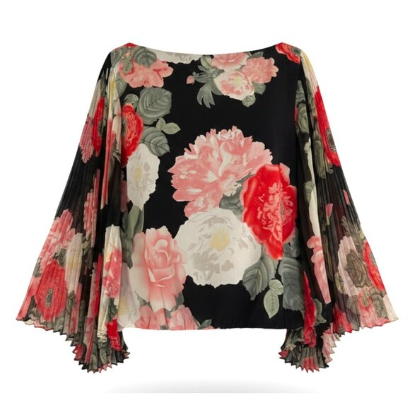 NWT Alice + Olivia Floral Accordion Pleat Sleeve Silk Blouse Black M Top - Picture 5 of 9